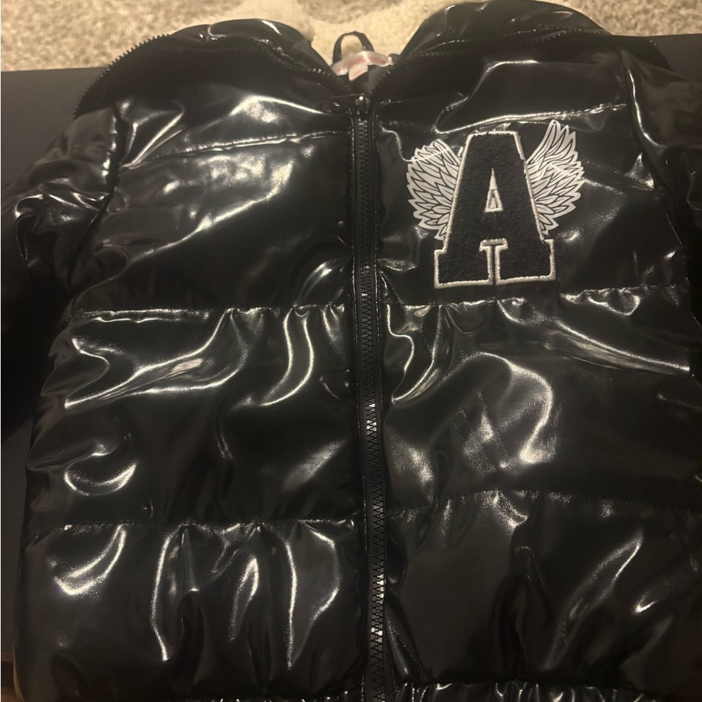 Kids Shiny Black Puffer Jacket with Winged A Emblem